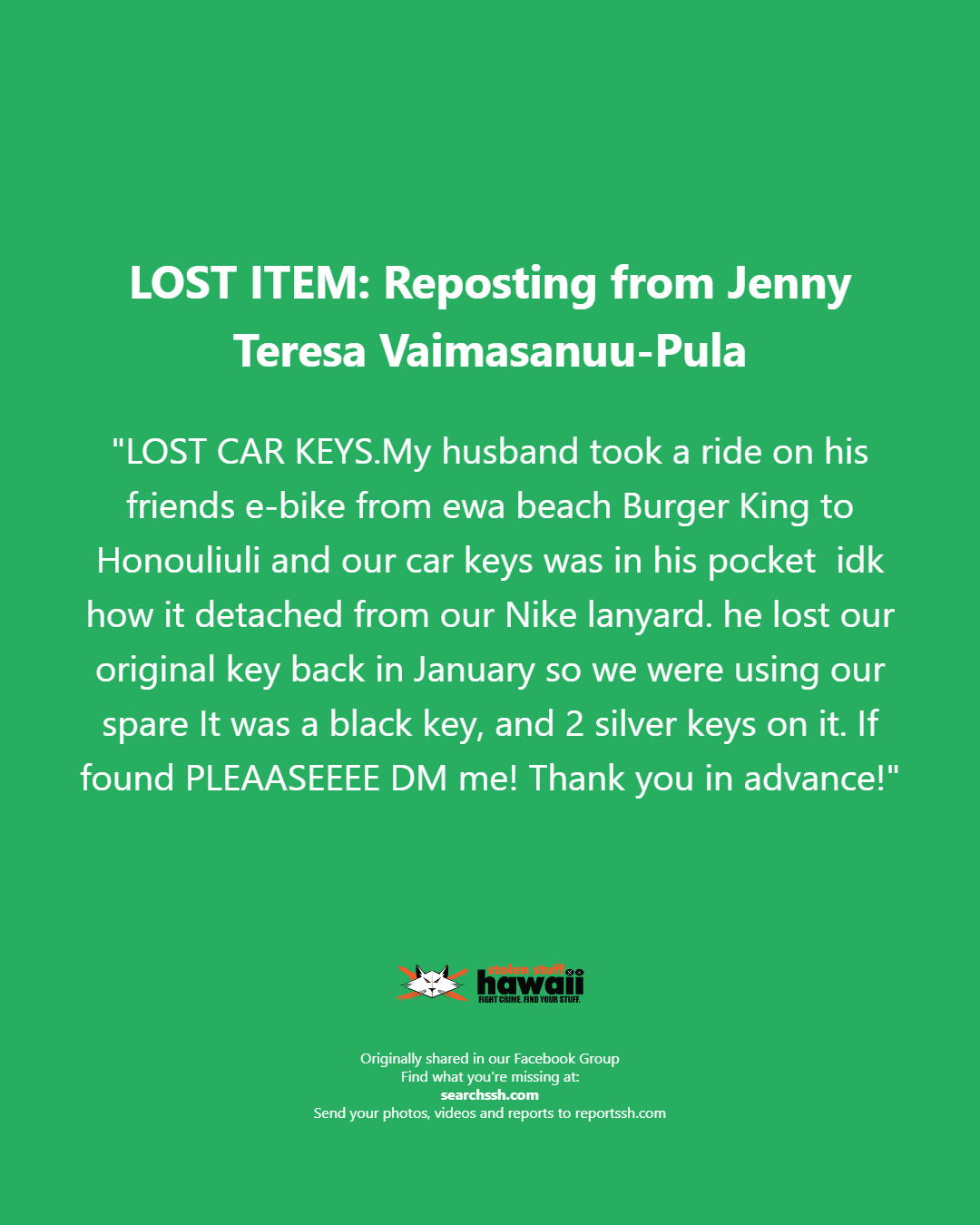 LOST ITEM - Oahu | Stolen Stuff Hawaii