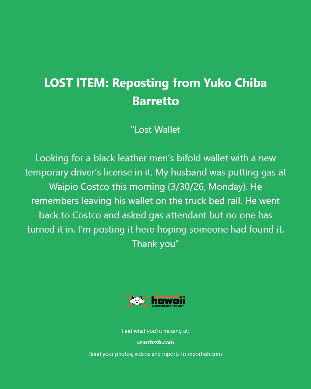 LOST ITEM - Oahu | Stolen Stuff Hawaii