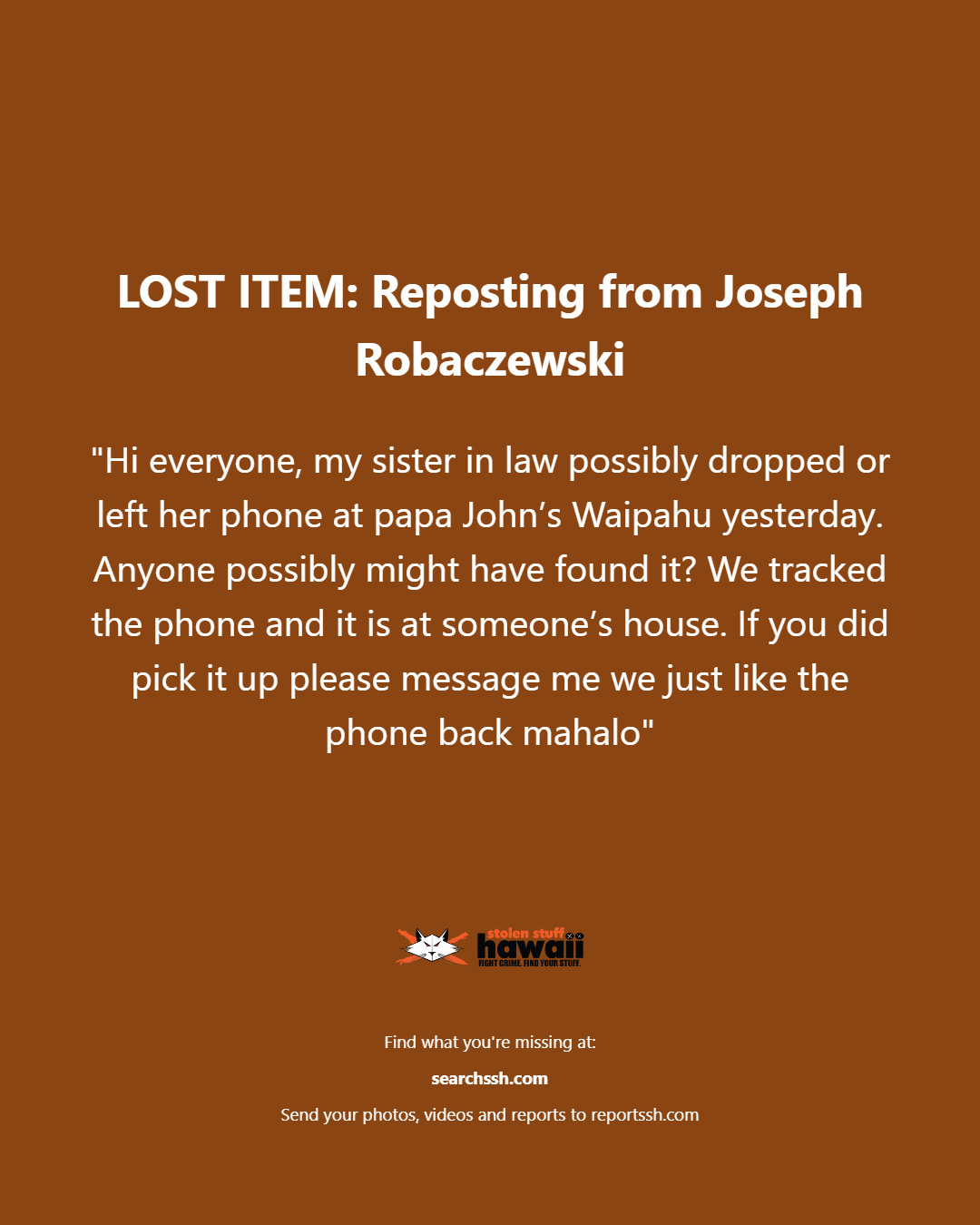 LOST ITEM - Oahu | Stolen Stuff Hawaii