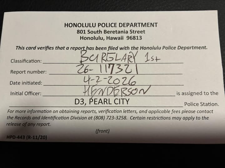 BURGLARY - Oahu | Stolen Stuff Hawaii