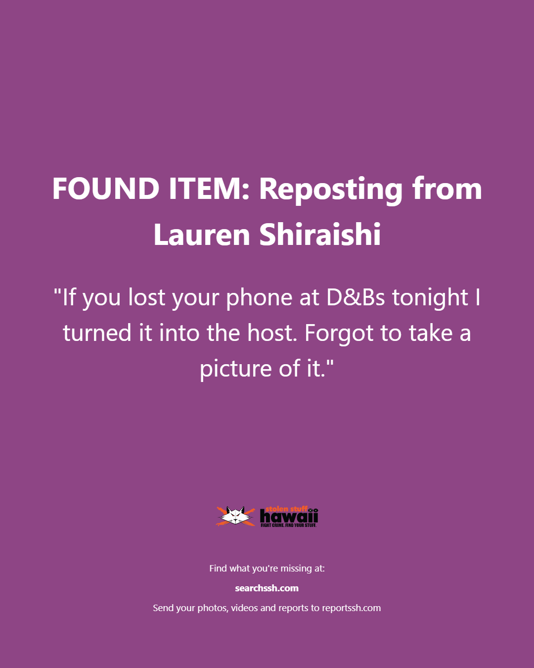 FOUND ITEM - Oahu | Stolen Stuff Hawaii