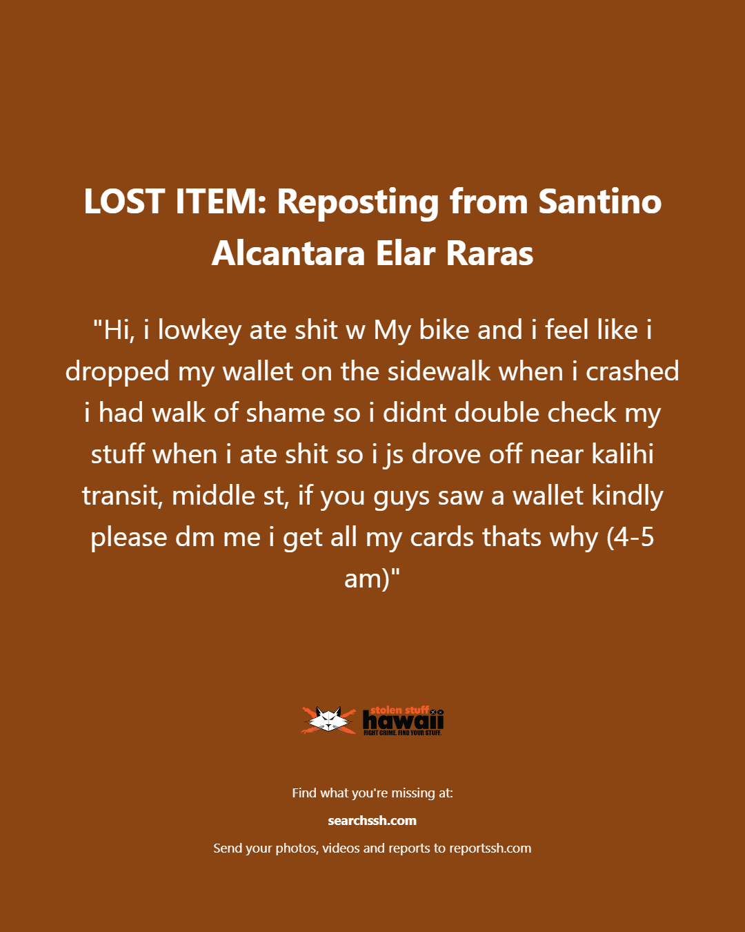 LOST ITEM - Oahu | Stolen Stuff Hawaii