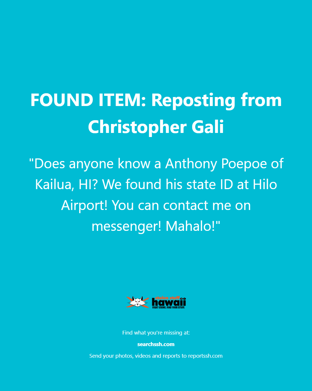 FOUND ITEM - Oahu | Stolen Stuff Hawaii