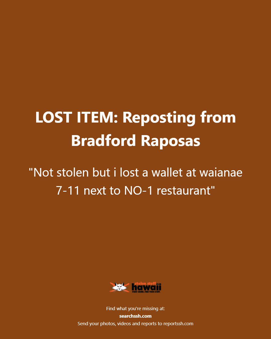 LOST ITEM - Oahu | Stolen Stuff Hawaii