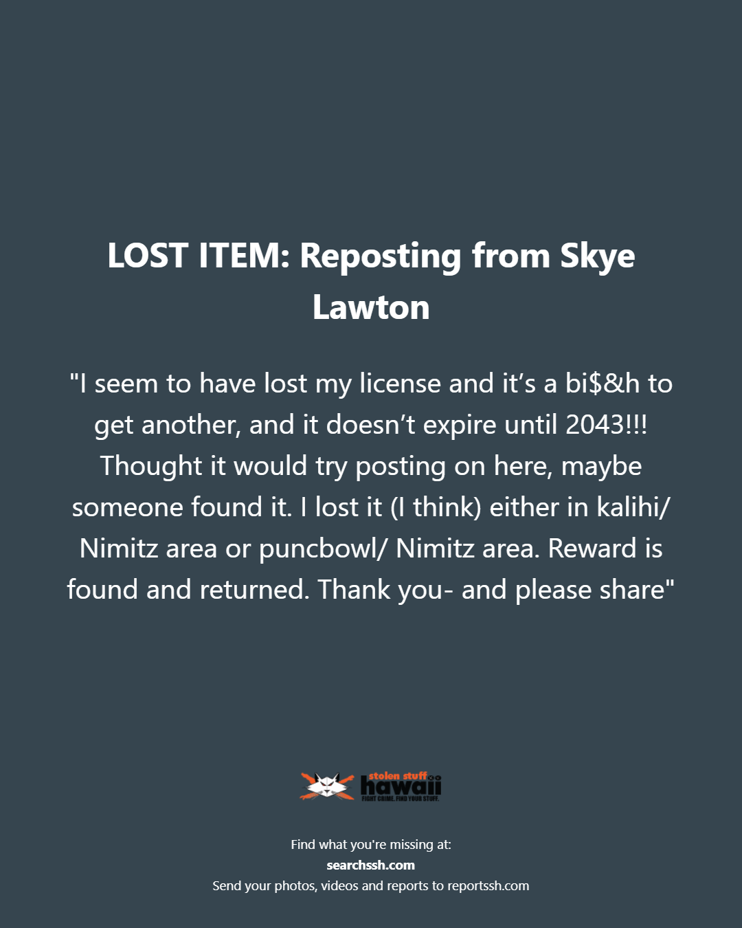 LOST ITEM - Oahu | Stolen Stuff Hawaii