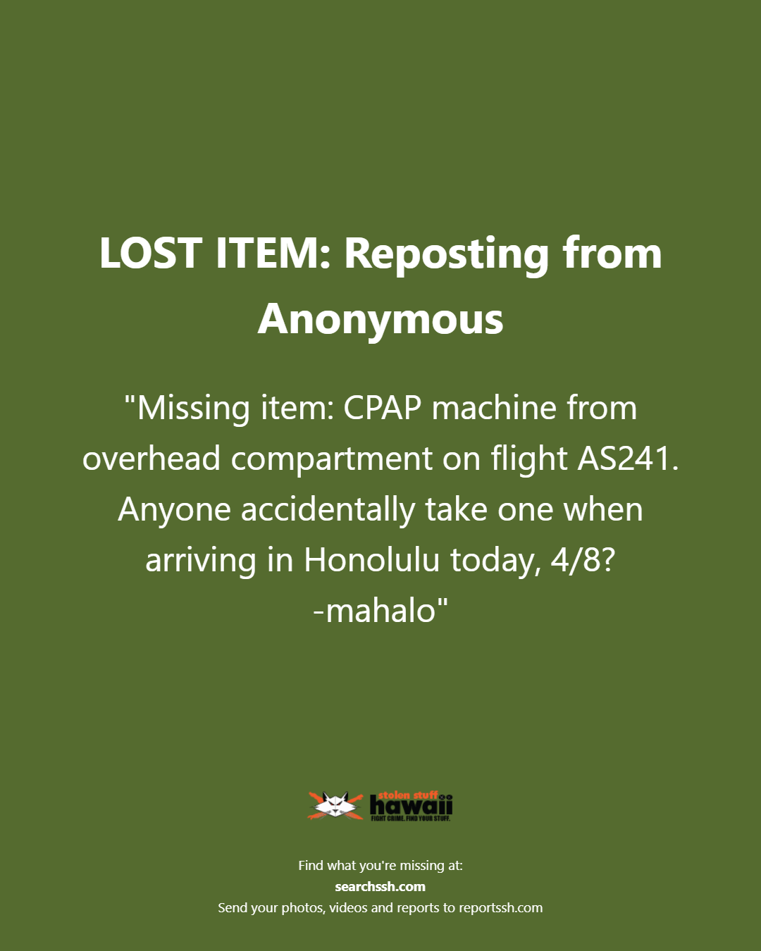 LOST ITEM - Oahu | Stolen Stuff Hawaii