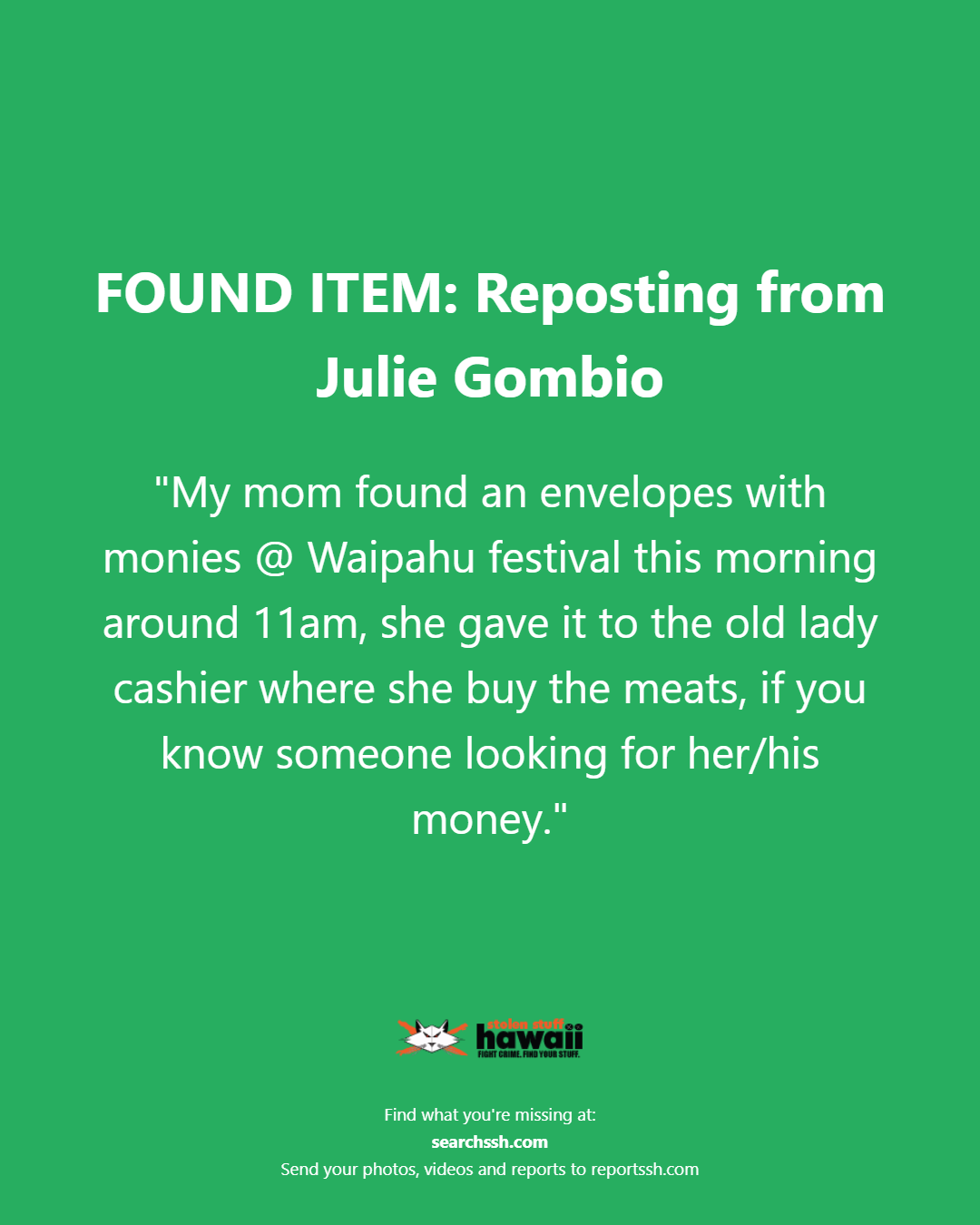 FOUND ITEM - Oahu | Stolen Stuff Hawaii