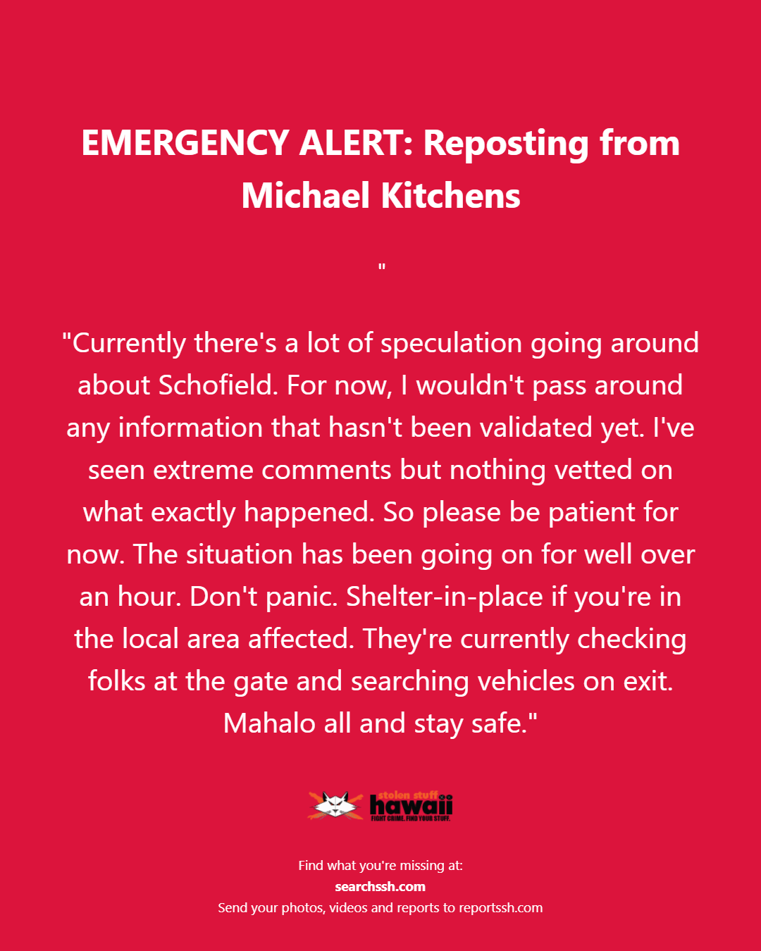 EMERGENCY ALERT - Oahu | Stolen Stuff Hawaii