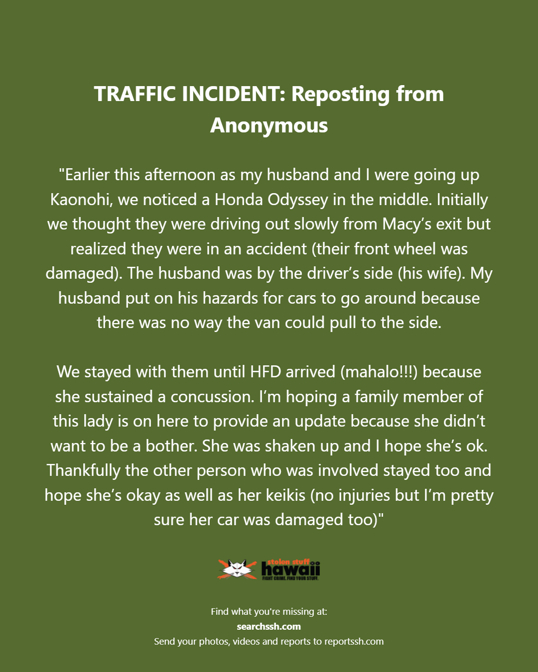 TRAFFIC INCIDENT - Oahu | Stolen Stuff Hawaii