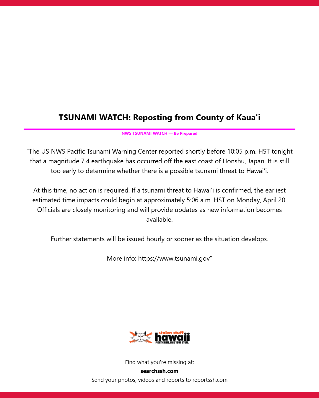 TSUNAMI WATCH - Oahu | Stolen Stuff Hawaii