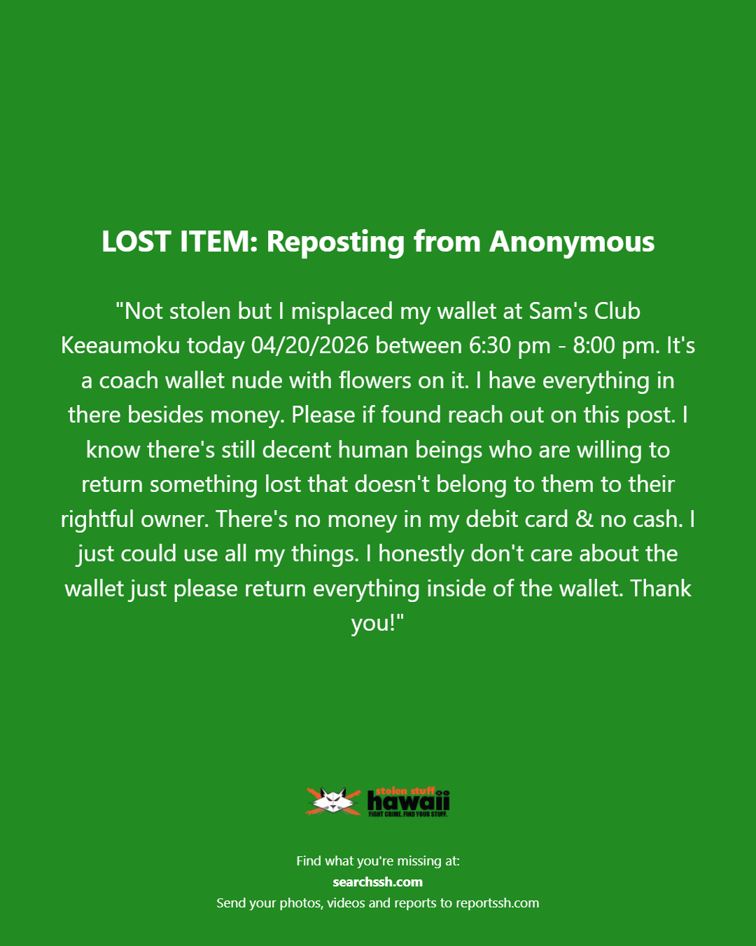 LOST ITEM - Oahu | Stolen Stuff Hawaii