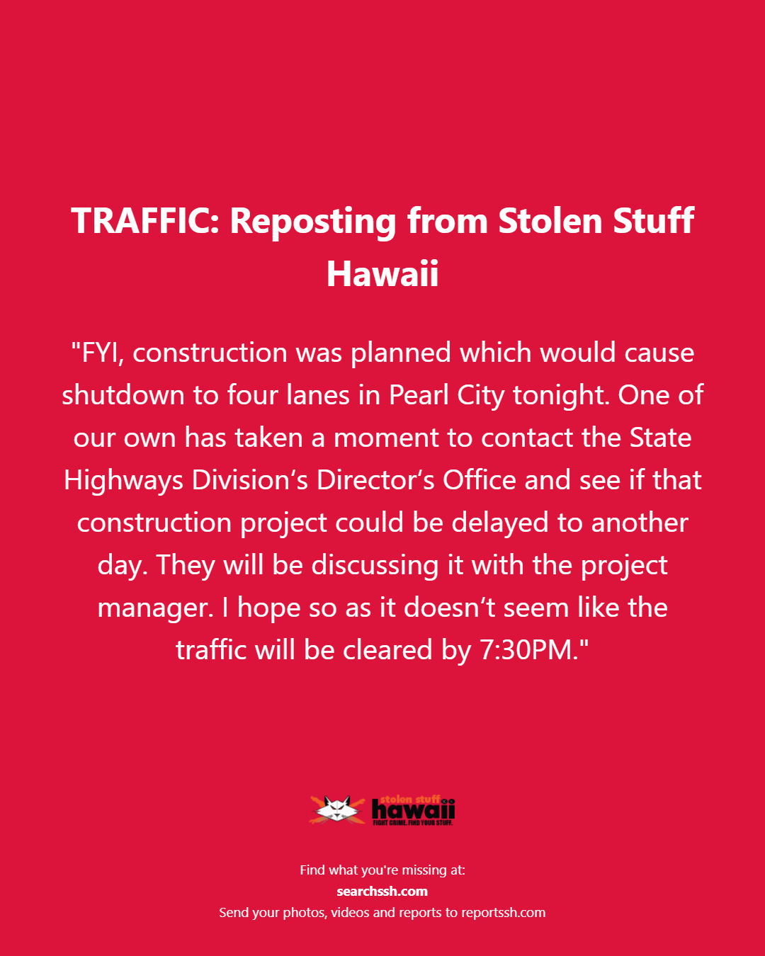 TRAFFIC - Oahu | Stolen Stuff Hawaii