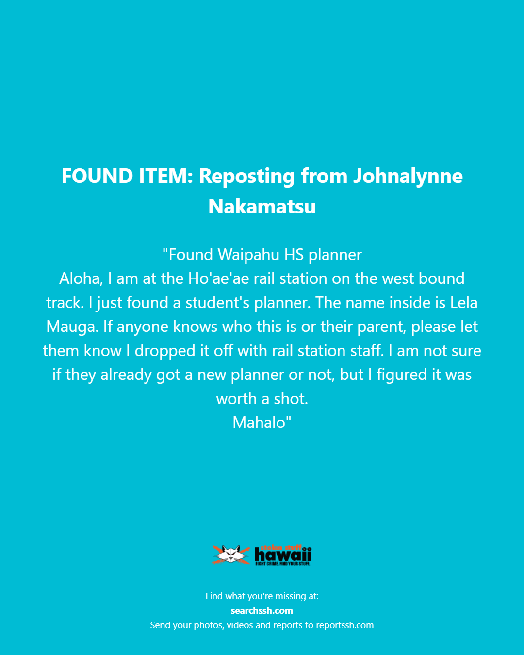 FOUND ITEM - Oahu | Stolen Stuff Hawaii
