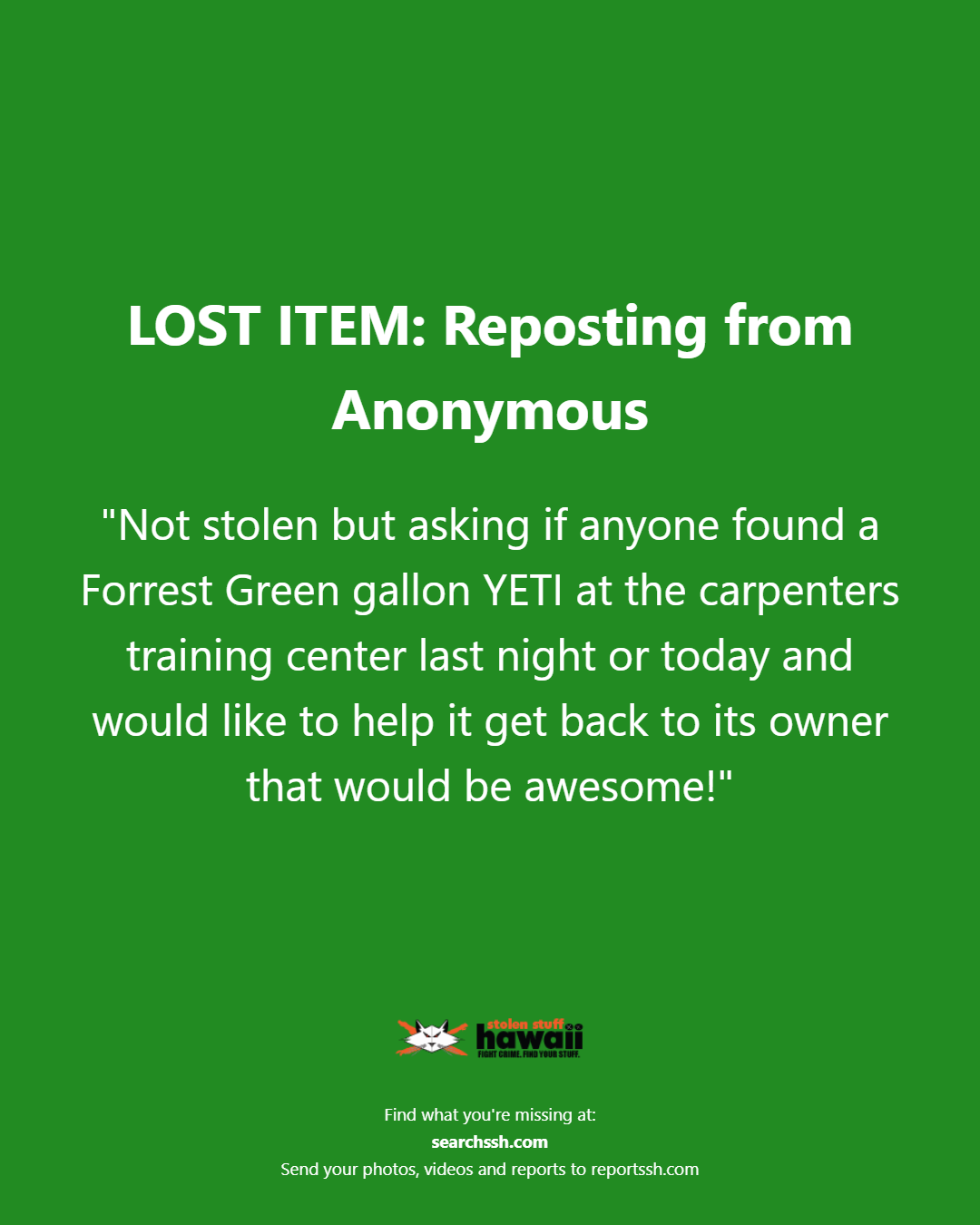 LOST ITEM - Carpenters Training Center | Stolen Stuff Hawaii