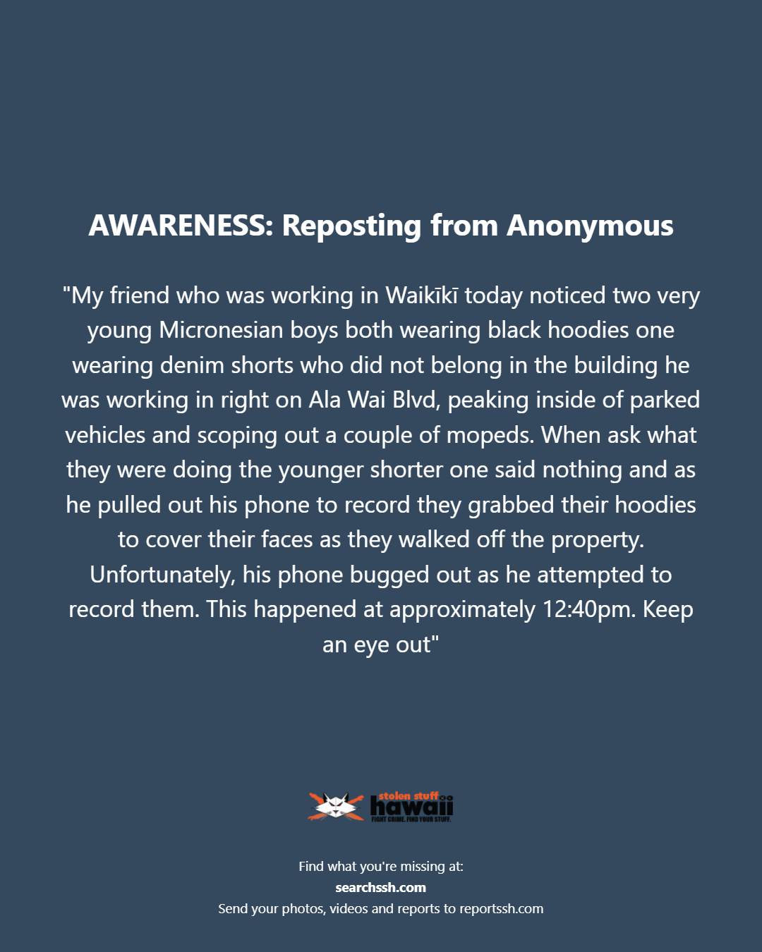 AWARENESS - Oahu | Stolen Stuff Hawaii
