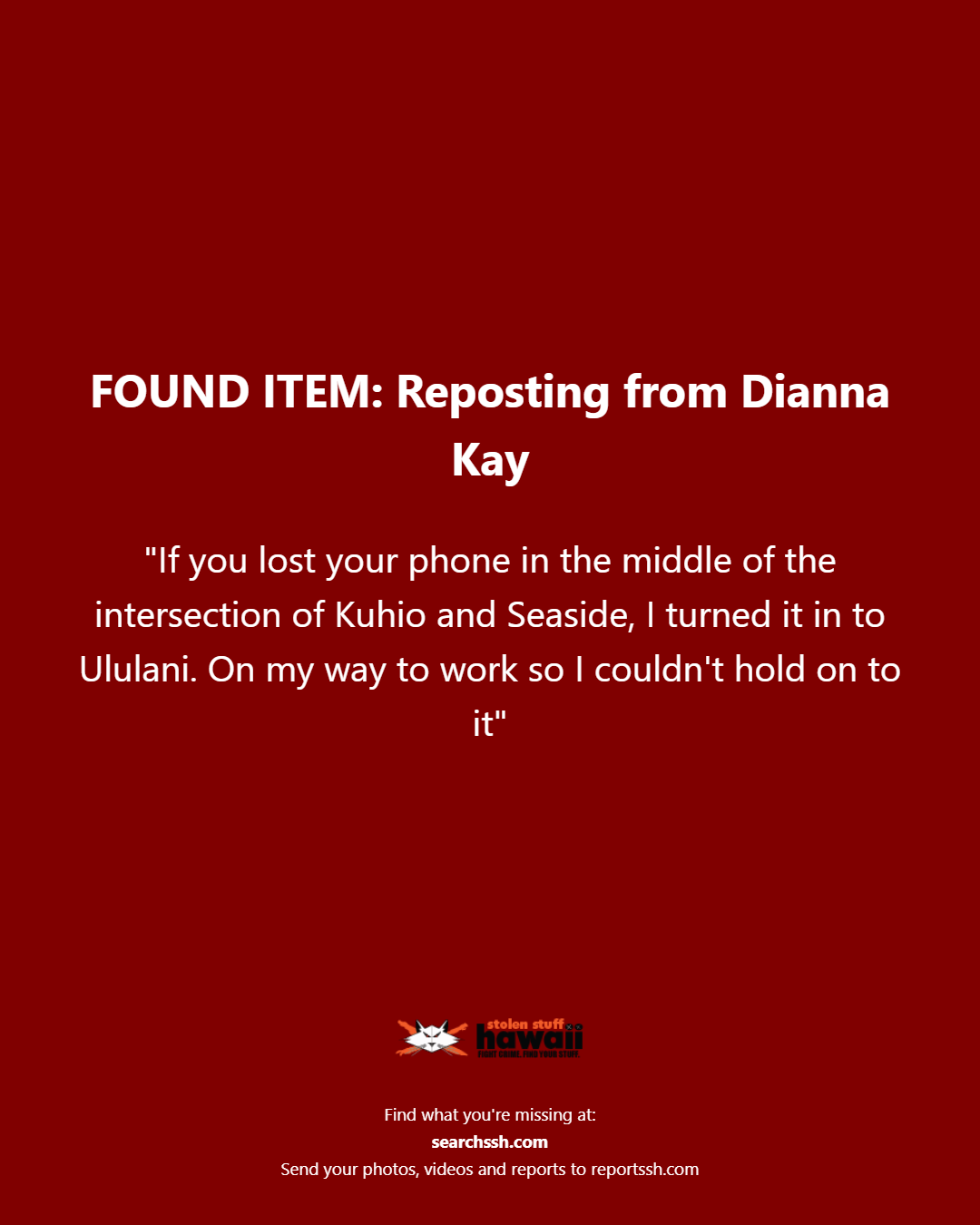 FOUND ITEM - Oahu | Stolen Stuff Hawaii