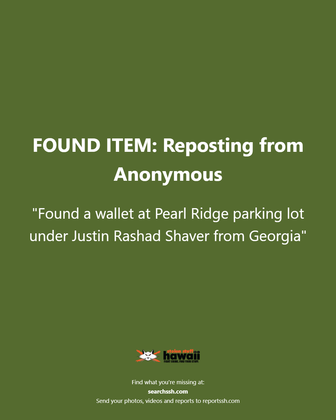 FOUND ITEM - Oahu | Stolen Stuff Hawaii