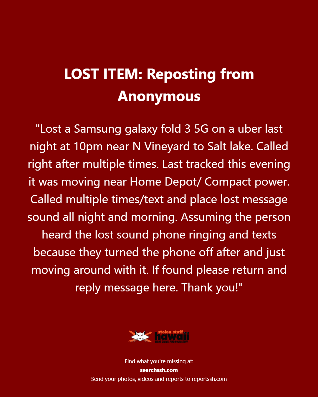 LOST ITEM - Oahu | Stolen Stuff Hawaii