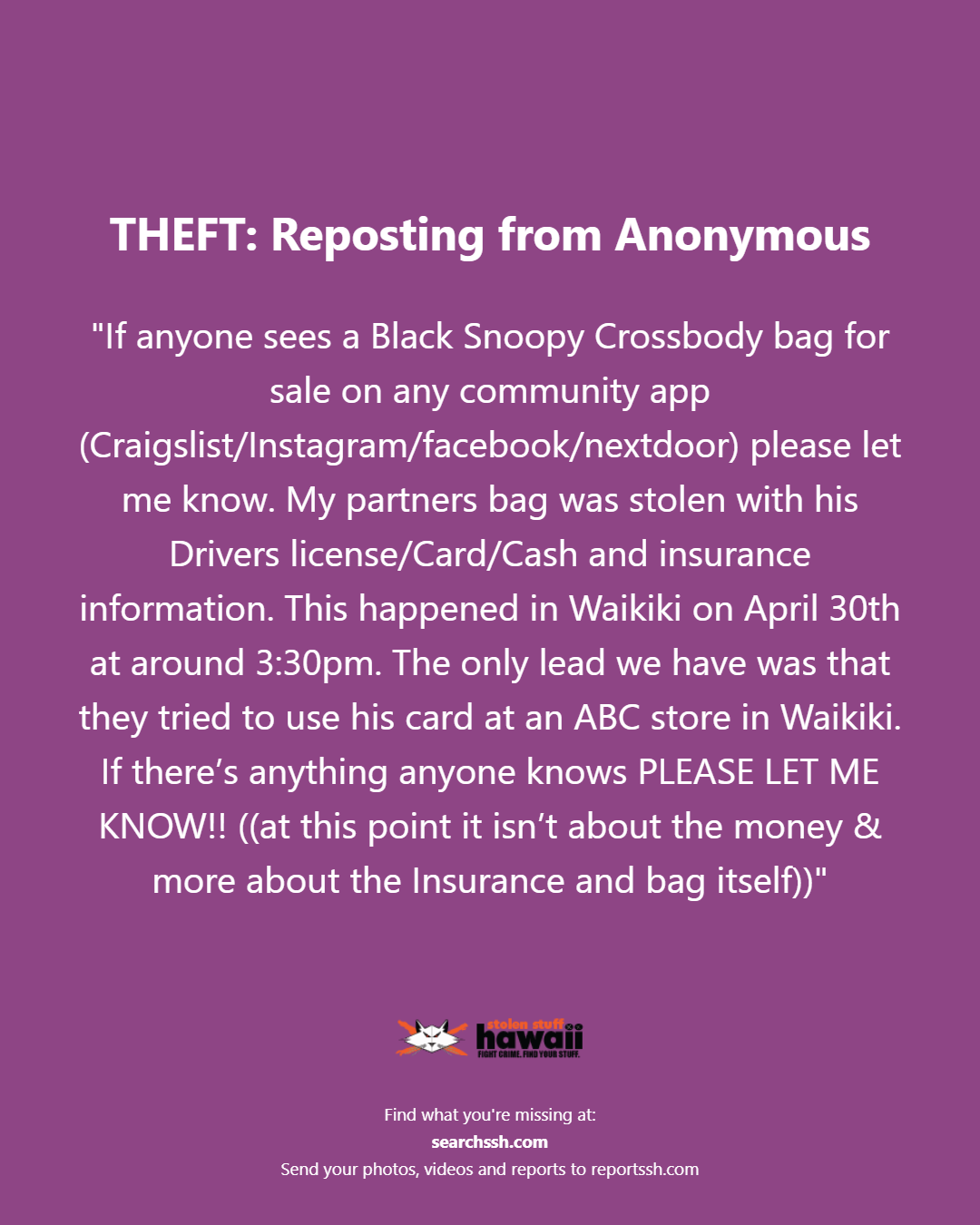 THEFT - Oahu | Stolen Stuff Hawaii