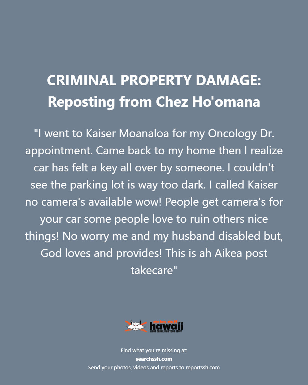 CRIMINAL PROPERTY DAMAGE - Oahu | Stolen Stuff Hawaii