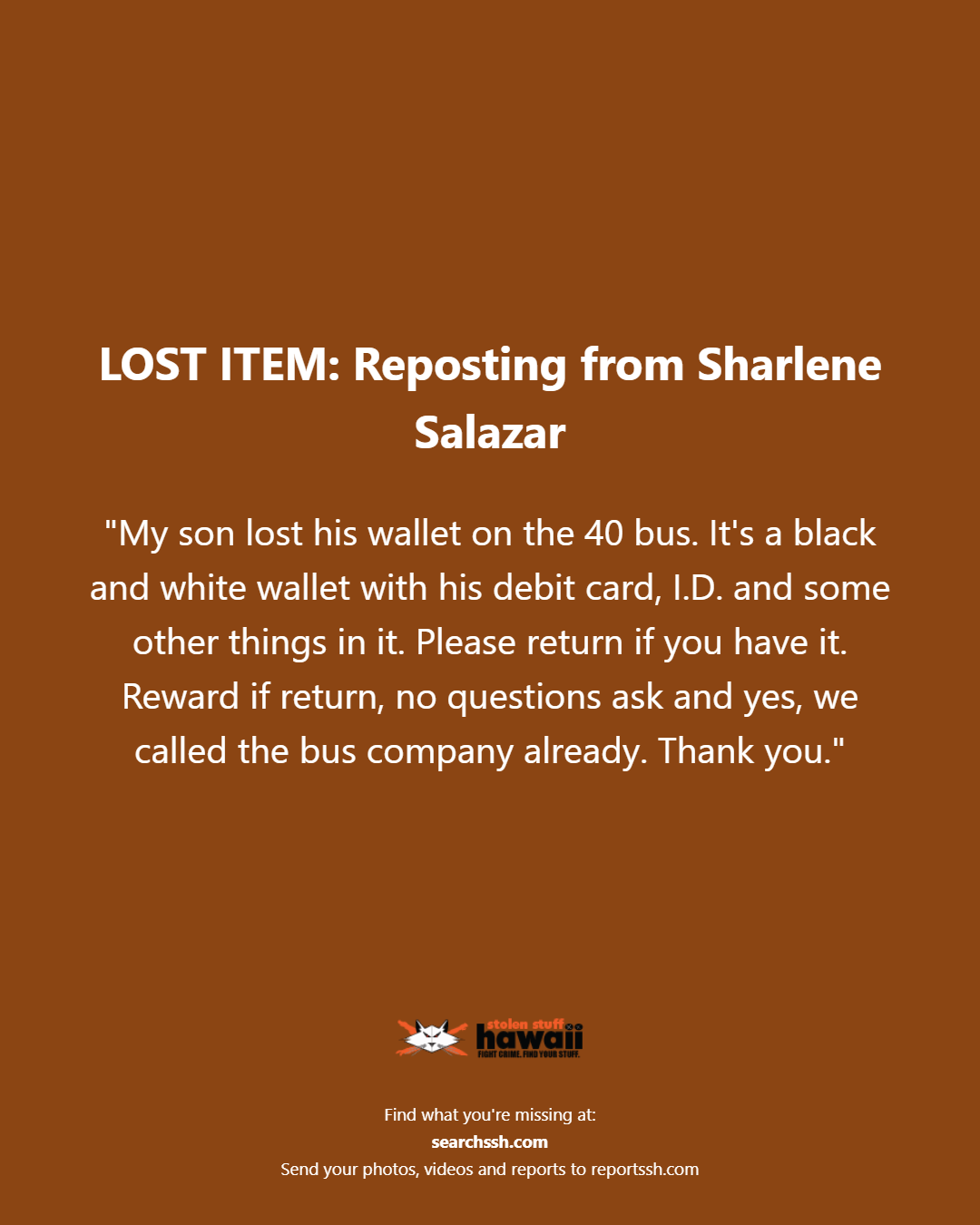 LOST ITEM - Oahu | Stolen Stuff Hawaii