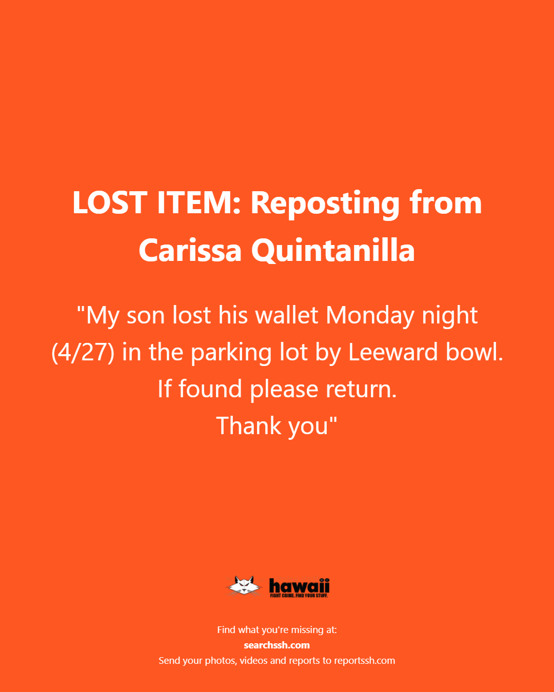 LOST ITEM - Oahu | Stolen Stuff Hawaii