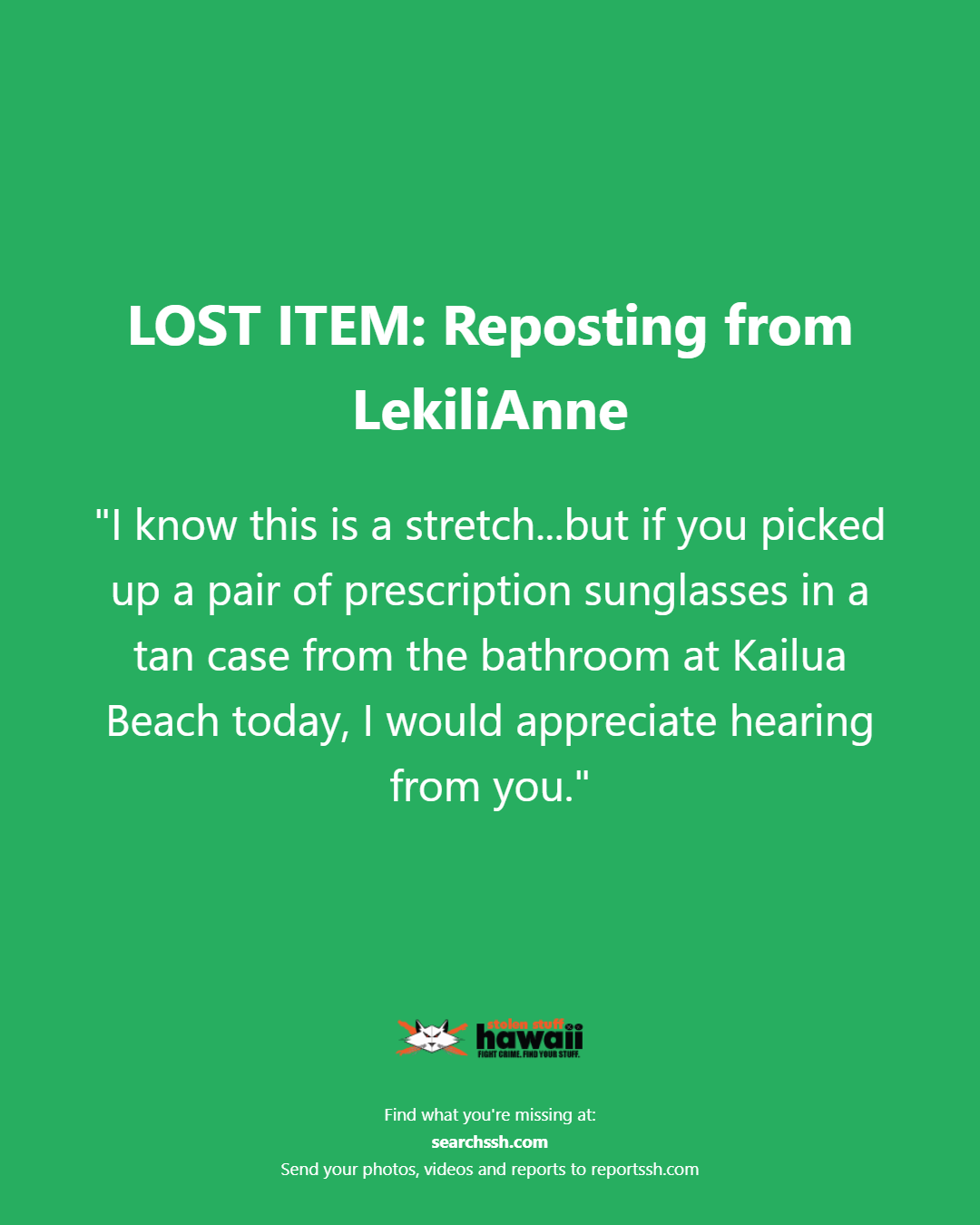 LOST ITEM - Oahu | Stolen Stuff Hawaii