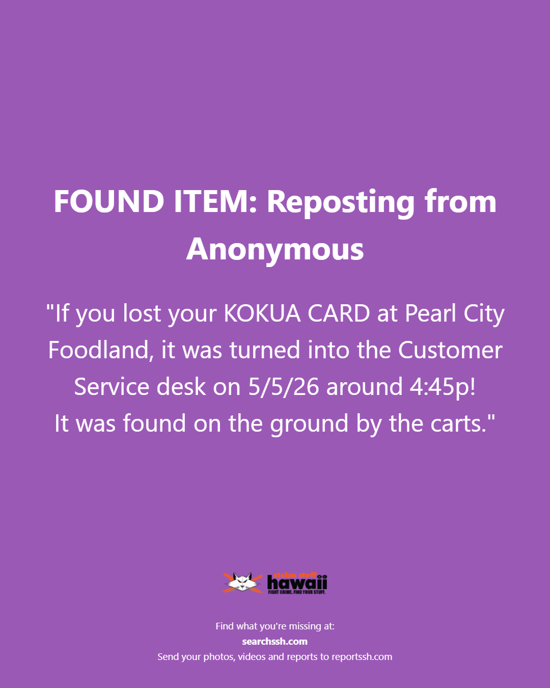 FOUND ITEM - Oahu | Stolen Stuff Hawaii