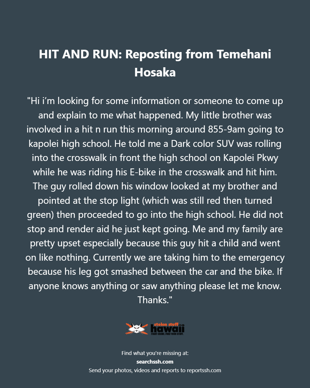 HIT AND RUN - Oahu | Stolen Stuff Hawaii