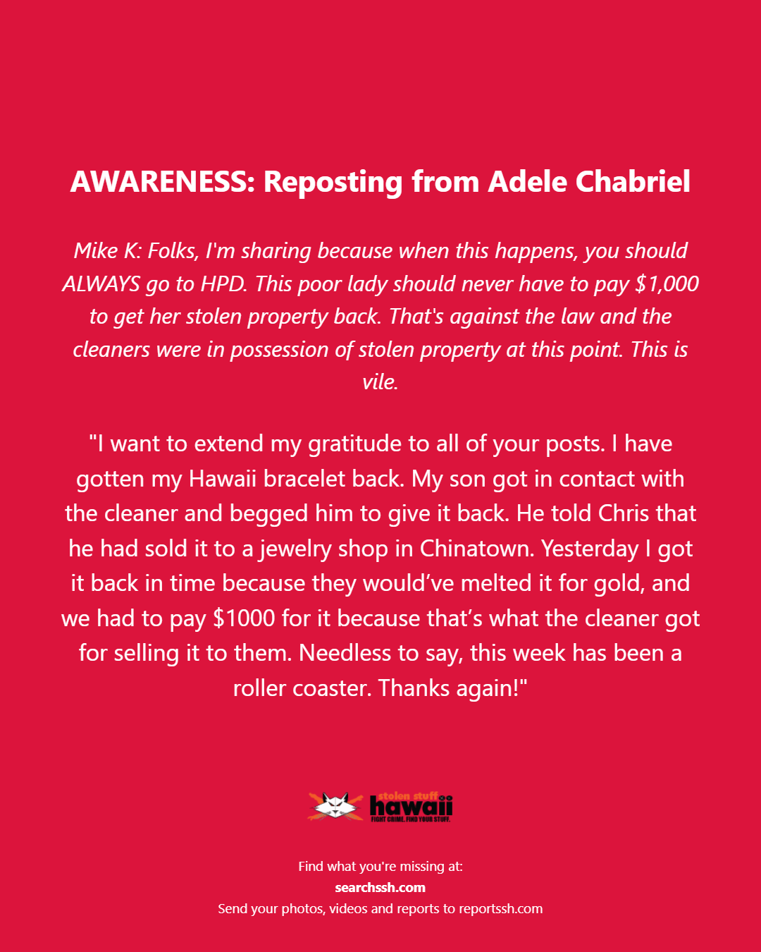AWARENESS - Oahu | Stolen Stuff Hawaii
