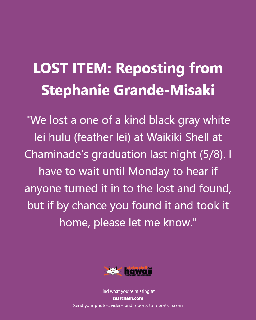LOST ITEM - Oahu | Stolen Stuff Hawaii