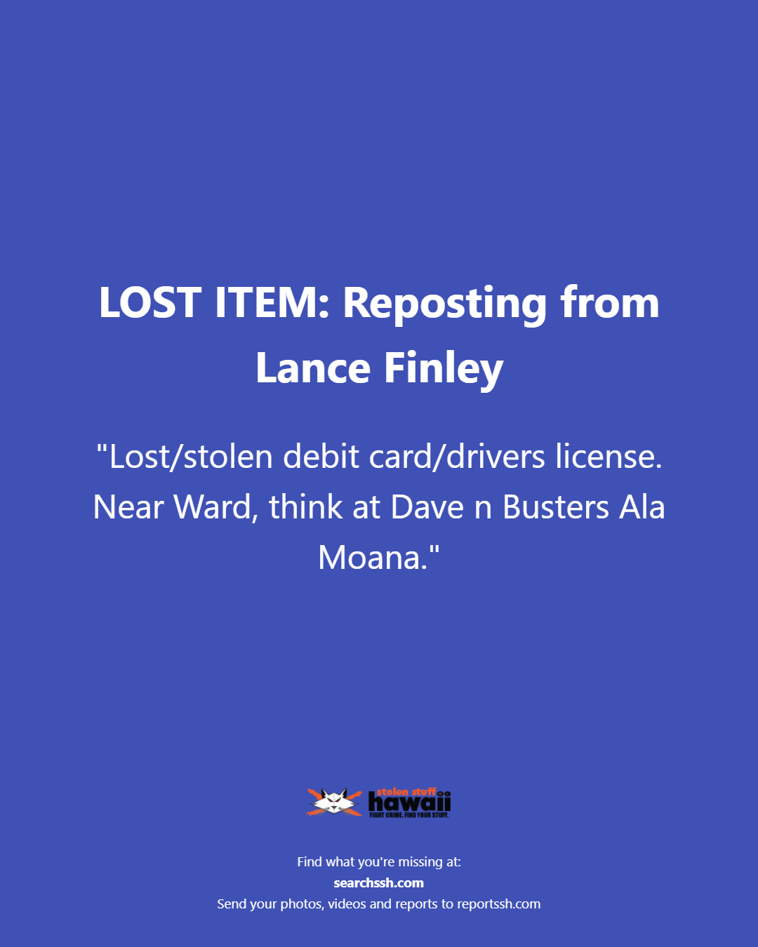 LOST ITEM - Oahu | Stolen Stuff Hawaii