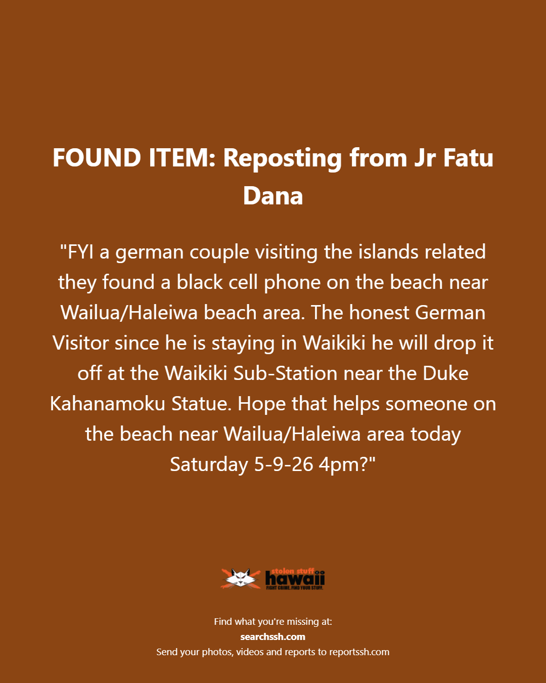 FOUND ITEM - Oahu | Stolen Stuff Hawaii