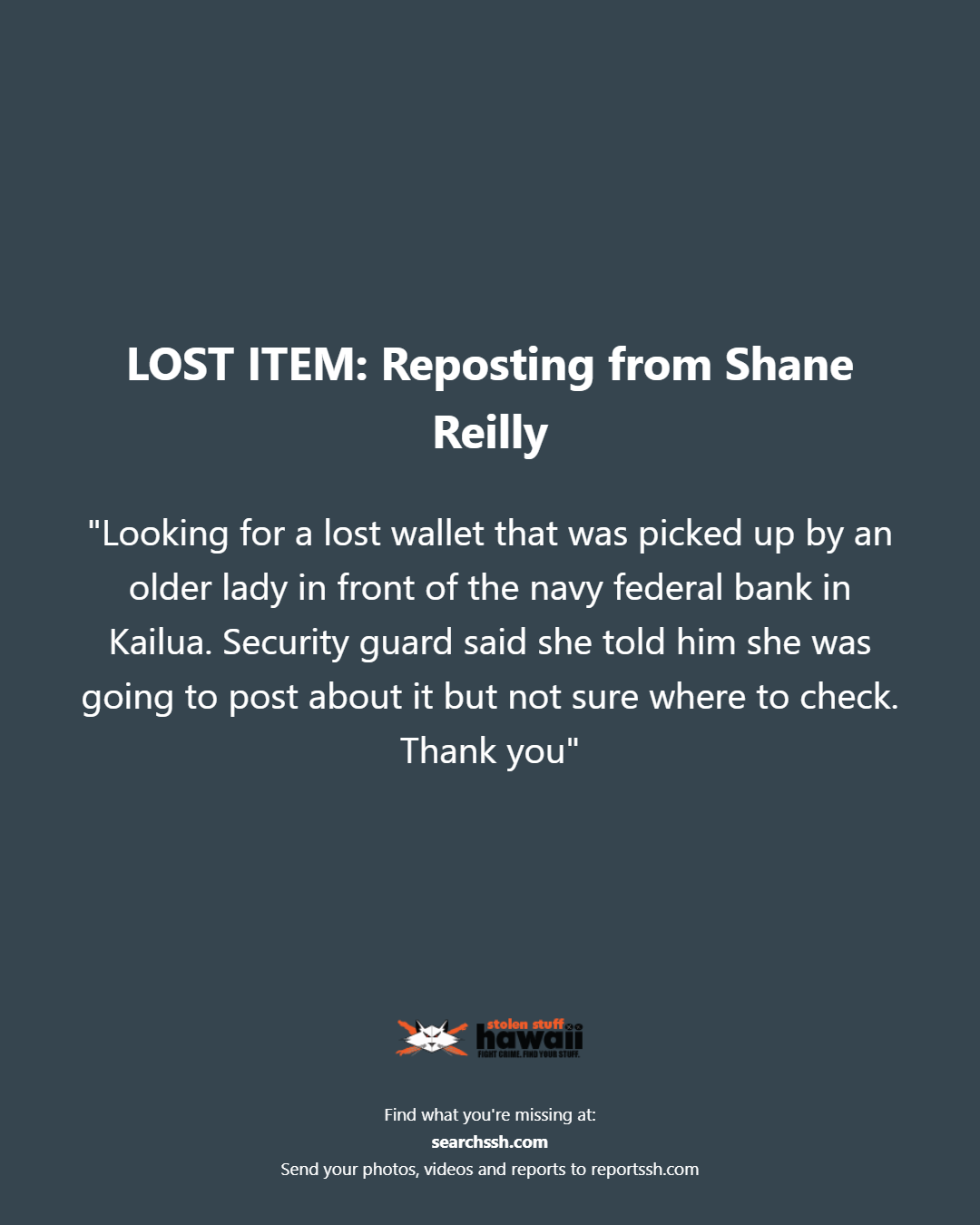 LOST ITEM - Oahu | Stolen Stuff Hawaii