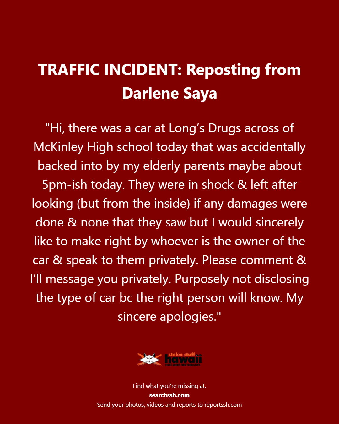 TRAFFIC INCIDENT - Oahu | Stolen Stuff Hawaii