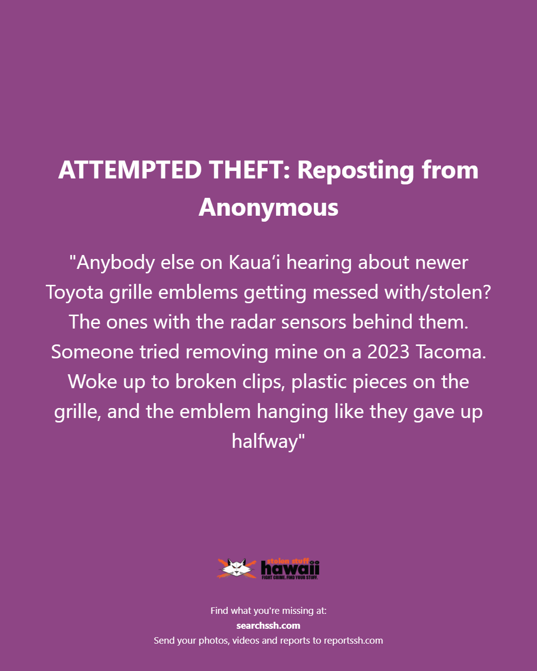 ATTEMPTED THEFT - Kauai | Stolen Stuff Hawaii
