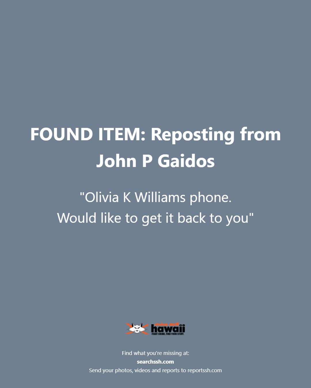FOUND ITEM - Oahu | Stolen Stuff Hawaii