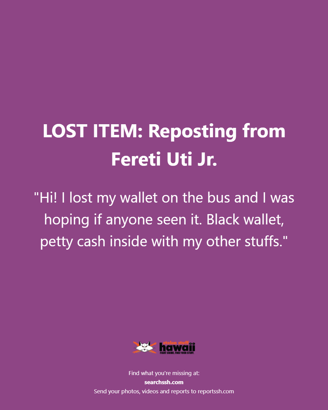 LOST ITEM - Oahu | Stolen Stuff Hawaii