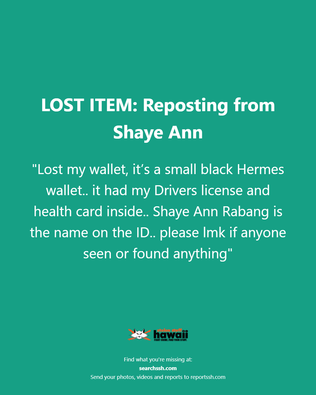 LOST ITEM - Oahu | Stolen Stuff Hawaii