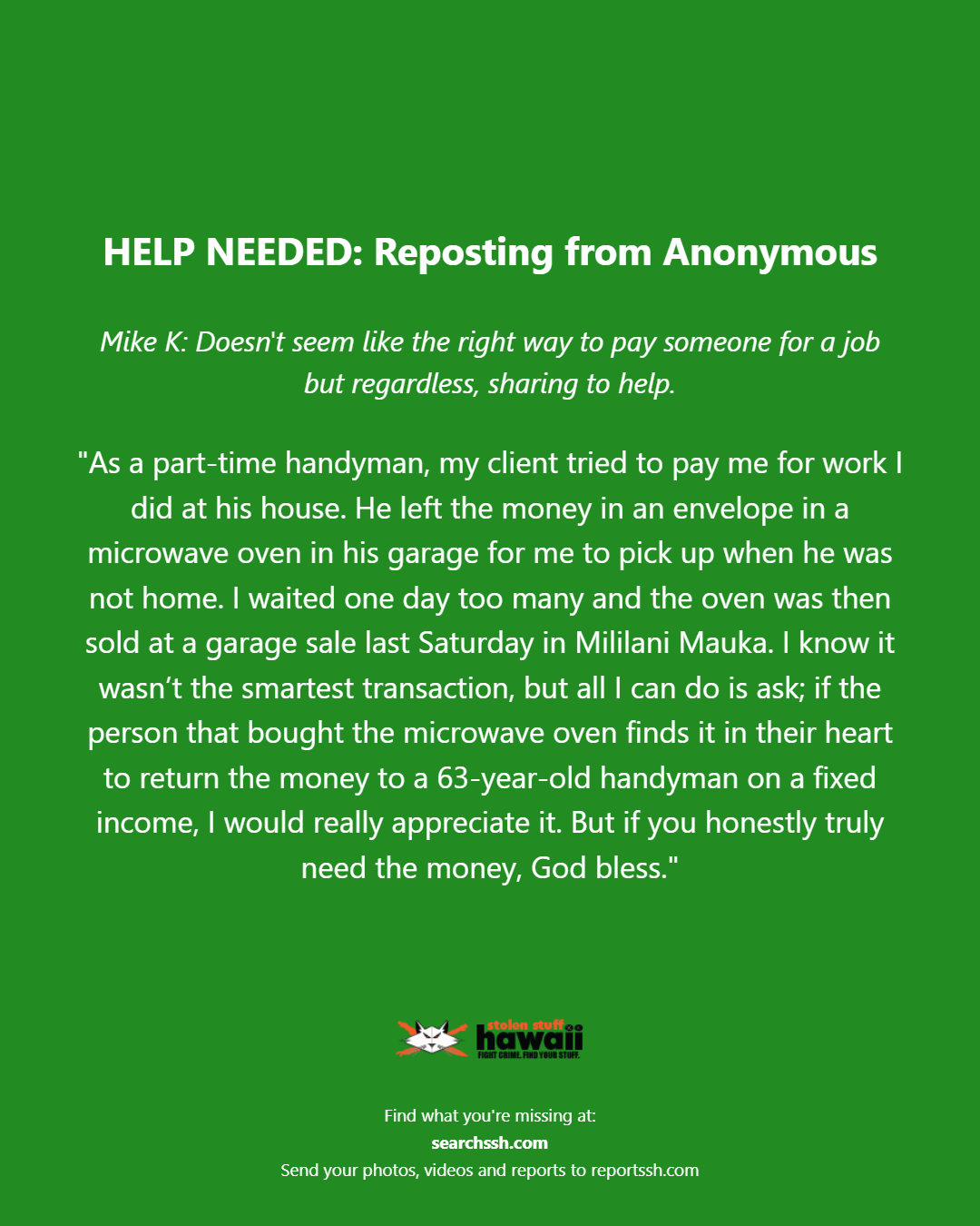 HELP NEEDED - Oahu | Stolen Stuff Hawaii