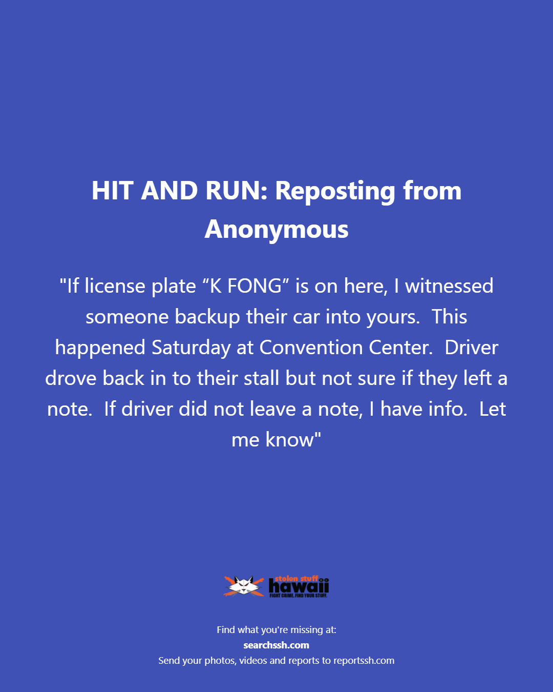 HIT AND RUN - Oahu | Stolen Stuff Hawaii