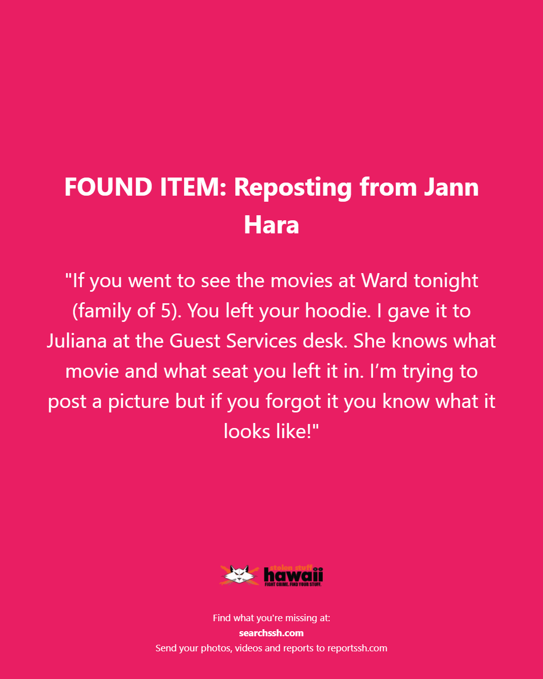 FOUND ITEM - Oahu | Stolen Stuff Hawaii