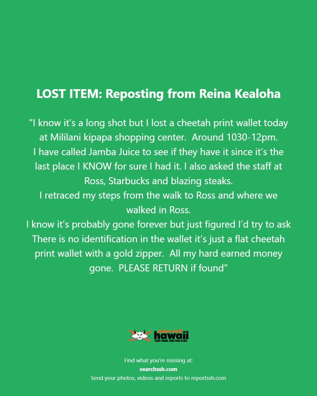 LOST ITEM - Oahu | Stolen Stuff Hawaii