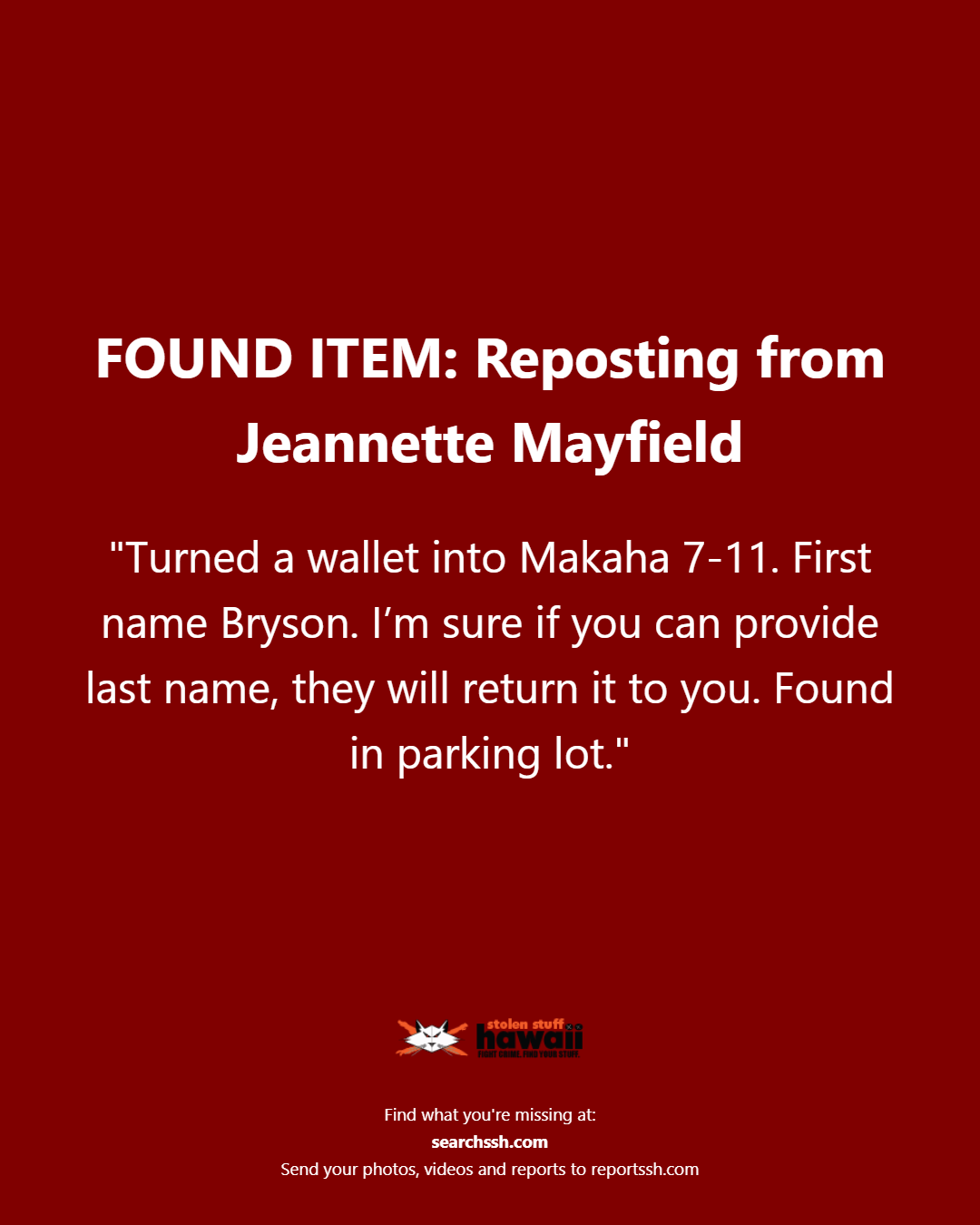 FOUND ITEM - Oahu | Stolen Stuff Hawaii