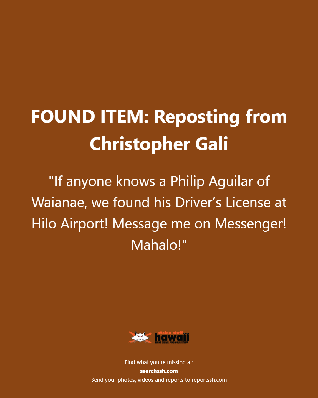 FOUND ITEM - Oahu | Stolen Stuff Hawaii