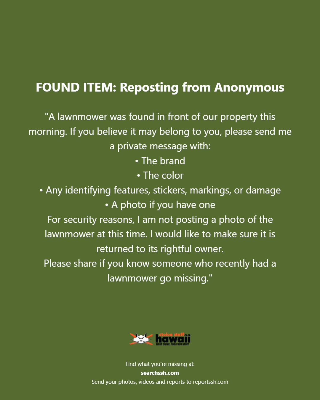FOUND ITEM - Oahu | Stolen Stuff Hawaii
