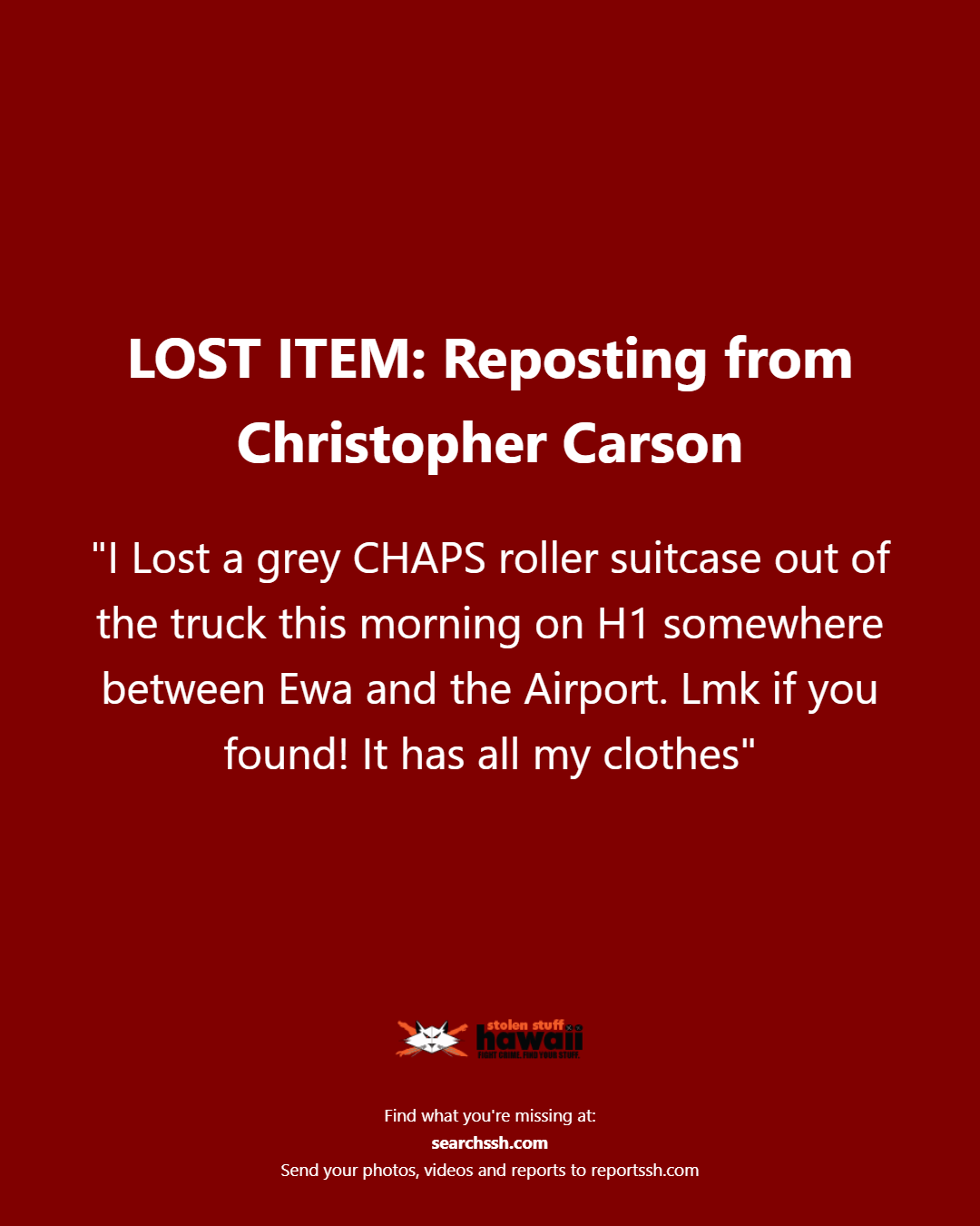 LOST ITEM - Oahu | Stolen Stuff Hawaii