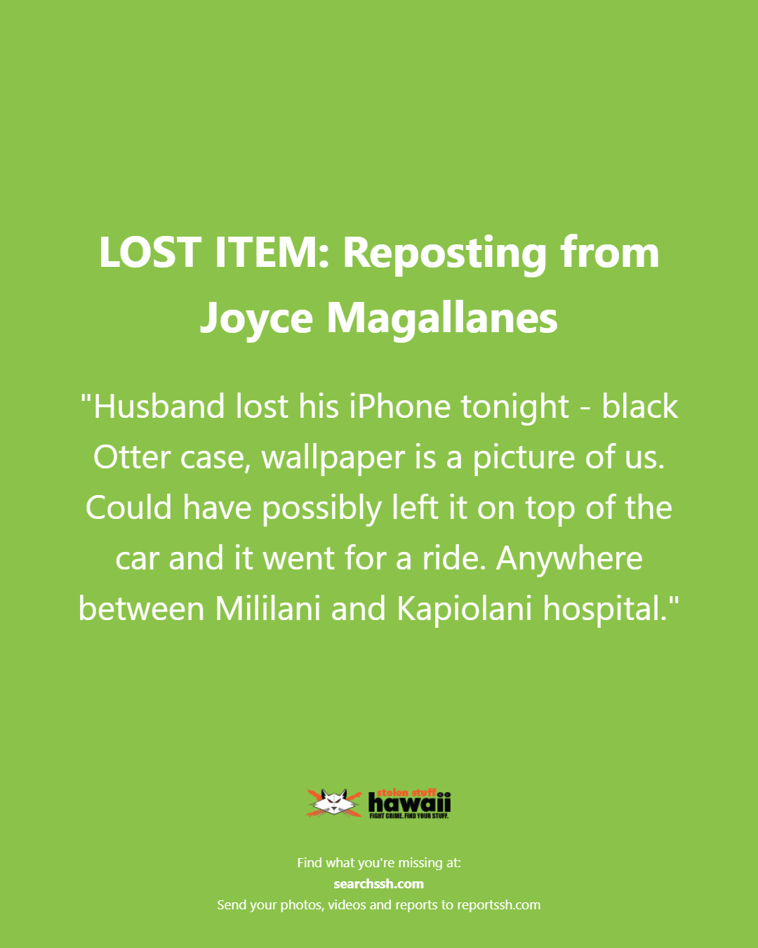 LOST ITEM - Oahu | Stolen Stuff Hawaii