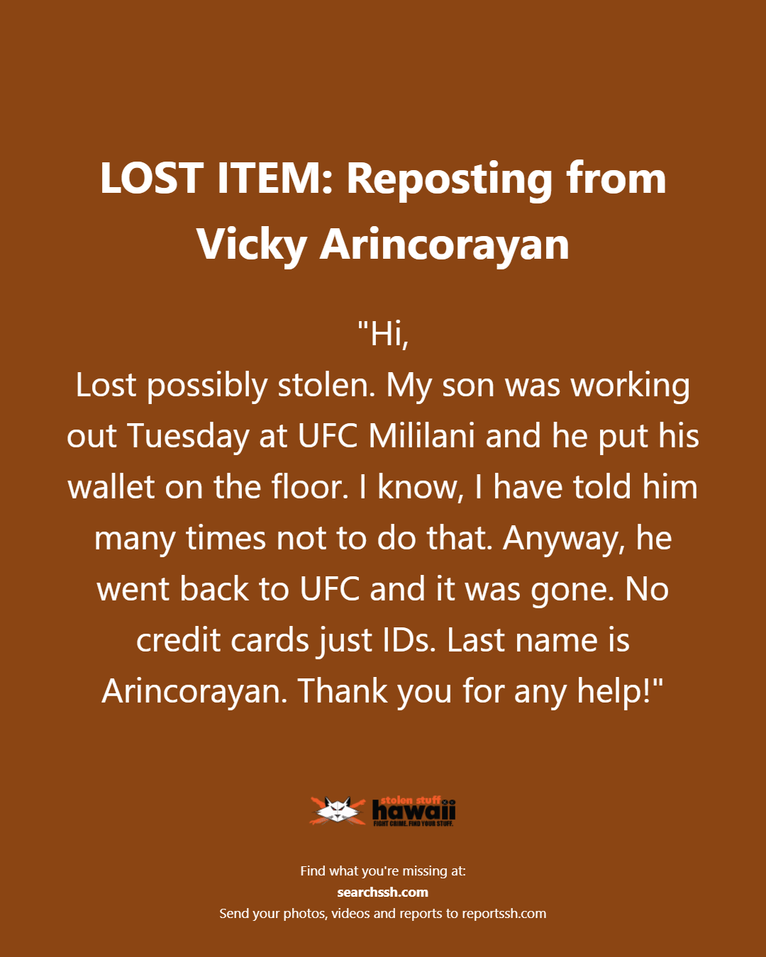 LOST ITEM - Oahu | Stolen Stuff Hawaii