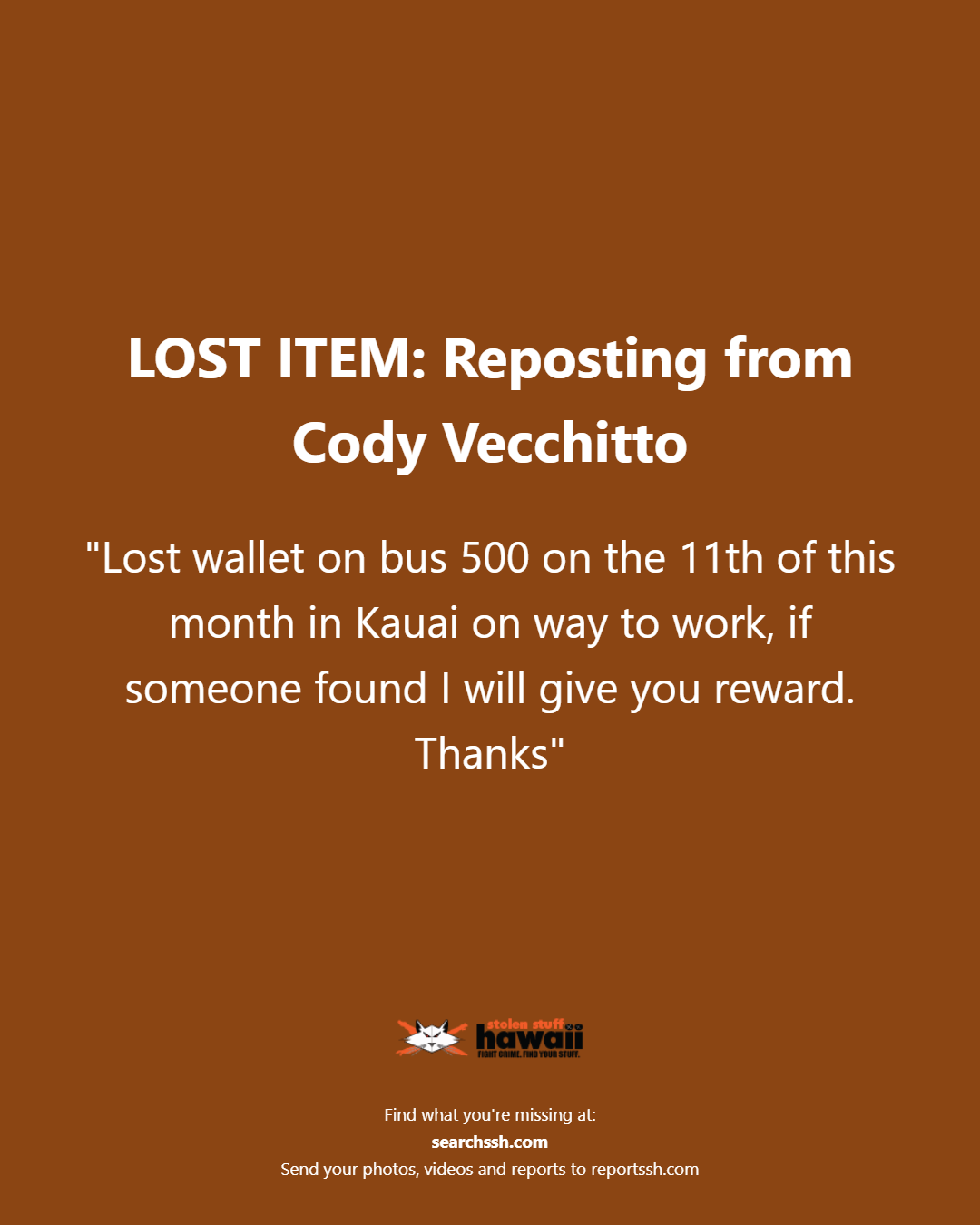 LOST ITEM - Oahu | Stolen Stuff Hawaii